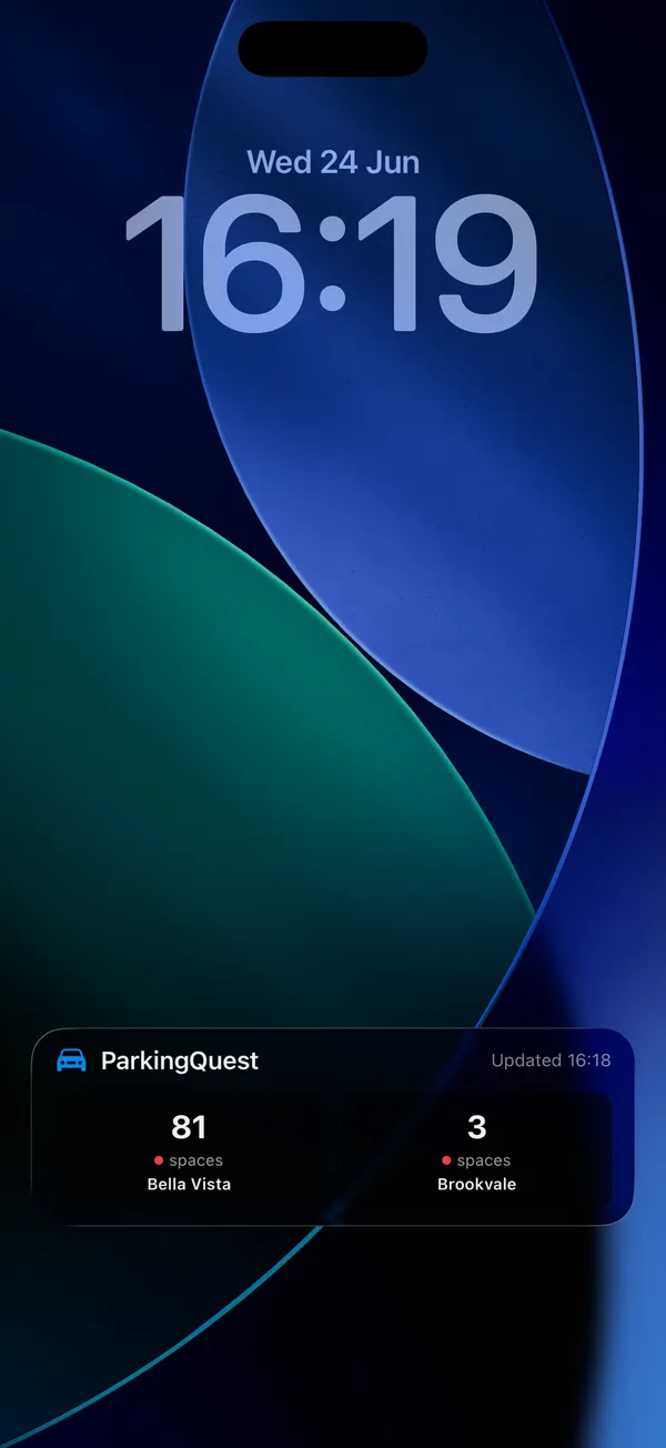 ParkingQuest Live Activity on the iPhone Lock Screen showing available Park&Ride spaces